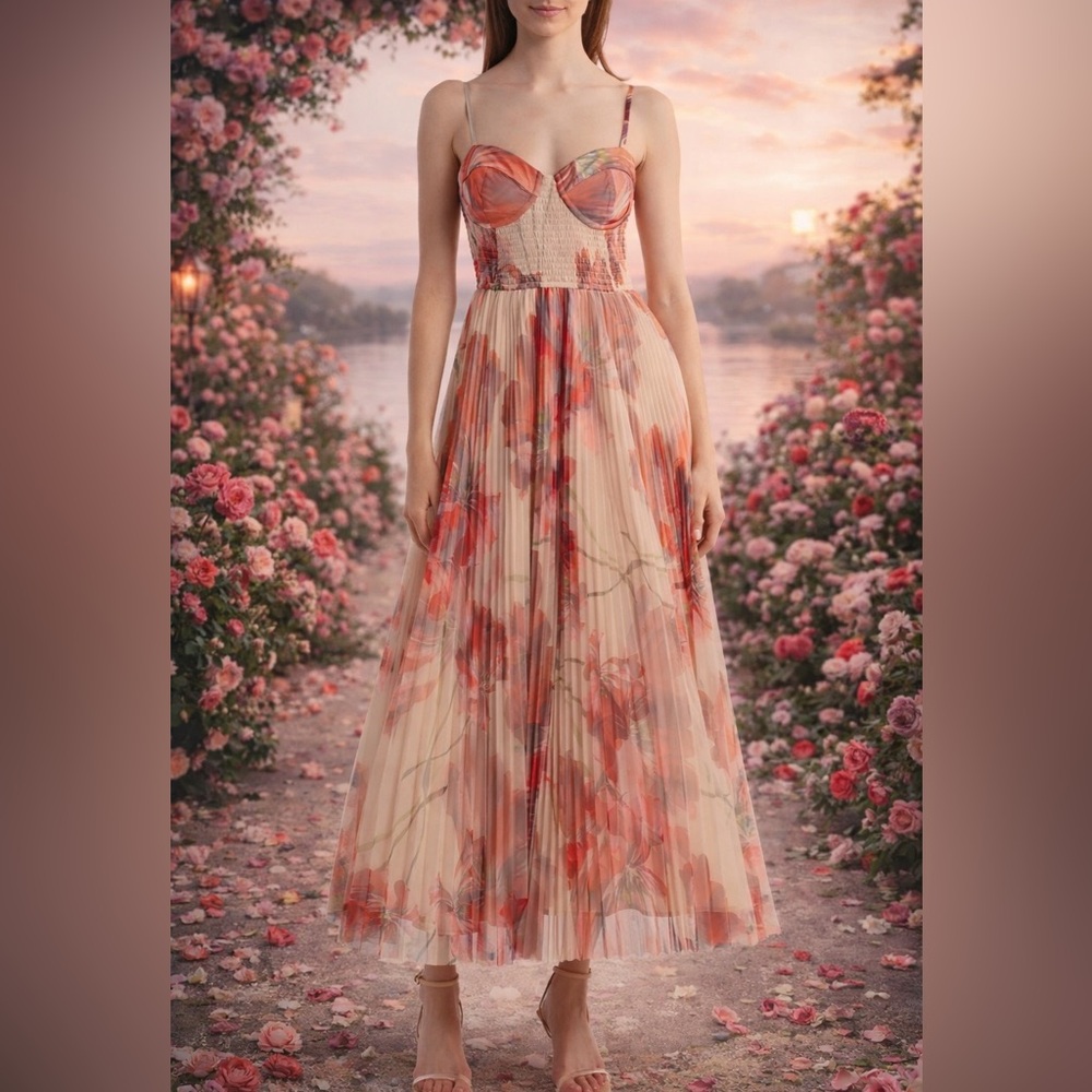 NWT Hutch Brianna Pleated
Floral-print Bustier Gown Red/Taupe